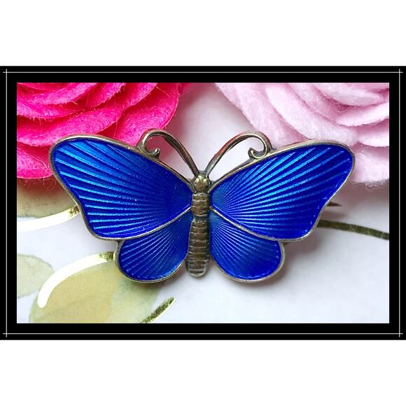 Vintage Ivar Holt (Holth) Norway Sterling Blue Enamel  VTG Sterling Silver Ivar T. Holth Norway Blue Guilloche Enamel Butterfly Brooch
